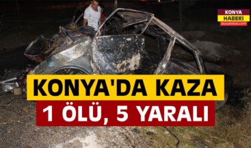 Konya’da Yoldan Çıkan Otomobil Yandı