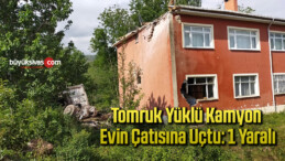 Tomruk yüklü kamyon evin çatısına uçtu: 1 yaralı