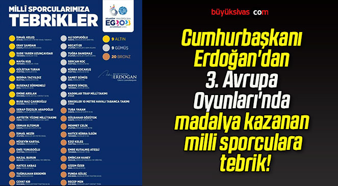 Cumhurbaşkanı Erdoğan’dan 3. Avrupa Oyunları’nda madalya kazanan milli sporculara tebrik!