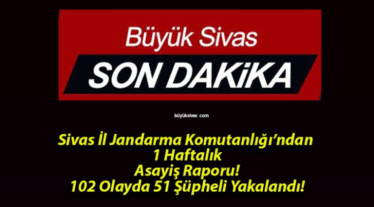 Sivas İl Jandarma Komutanlığı’ndan 1 Haftalık Asayiş Raporu! 102 Olayda 51 Şüpheli Yakalandı!