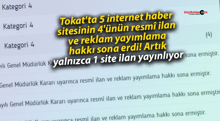 Tokat’ta 5 internet haber sitesinin 4’ünün resmî ilan ve reklam yayımlama hakkı sona erdi