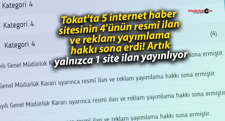 Tokat’ta 5 internet haber sitesinin 4’ünün resmî ilan ve reklam yayımlama hakkı sona erdi